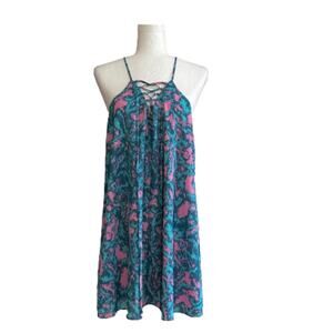 Izzy & Lola Dress Pink Blue Lace Up Boho Bohemian Mini Swing Dress Medium NEW